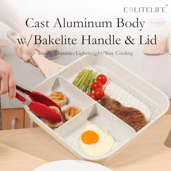 ESLITE LIFE 스토브 탑용 붙지 않는 분할 조식 그릴 팬, 실내 요리 및 야외 그릴링을 위한 11인치 3-In-1 다용도 사각형 대형 그릴 프라이팬 팬, PFOA 없음, 크림