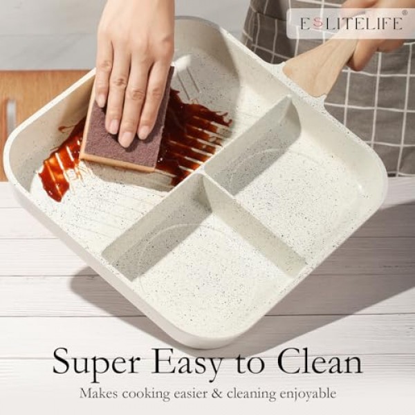 ESLITE LIFE 스토브 탑용 붙지 않는 분할 조식 그릴 팬, 실내 요리 및 야외 그릴링을 위한 11인치 3-In-1 다용도 사각형 대형 그릴 프라이팬 팬, PFOA 없음, 크림