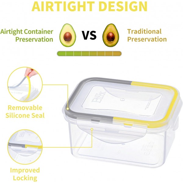 뚜껑이 있는 500ML 밀폐 플라스틱 식품보관용기 6개 세트, EASYLOCK 식사 준비 상자 직사각형 샐러드 테이크아웃 상자 부분 조절 도시락 상자(투명) 500ML-6PACK 옐로우&그레