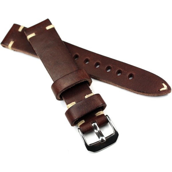 Rios 1931 19 mm 남성용 가죽 독일 시계 스트랩 빈티지 화이트 스티치 다크 브라운