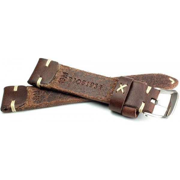 Rios 1931 19 mm 남성용 가죽 독일 시계 스트랩 빈티지 화이트 스티치 다크 브라운