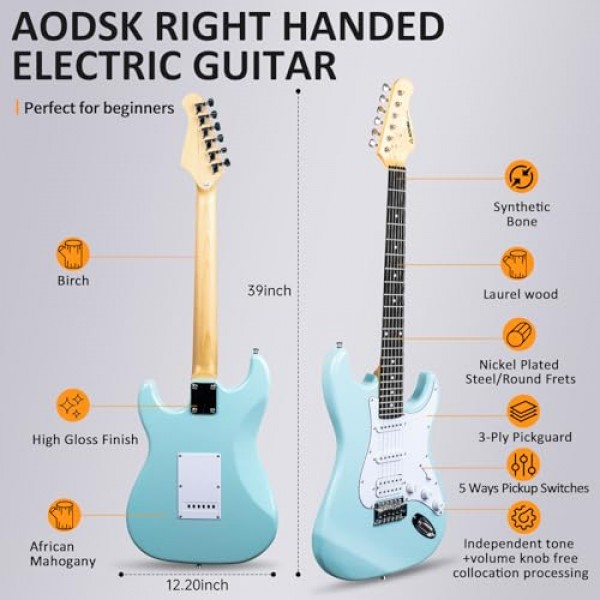 앰프 초보자 키트가 포함된 AODSK 일렉트릭 기타 39인치 솔리드 바디 풀 사이즈,HSS 픽업,모든 액세서리,디지털 튜너,6현,4픽,트레몰로 바,스트랩,긱 백,스타터 키트 -블루