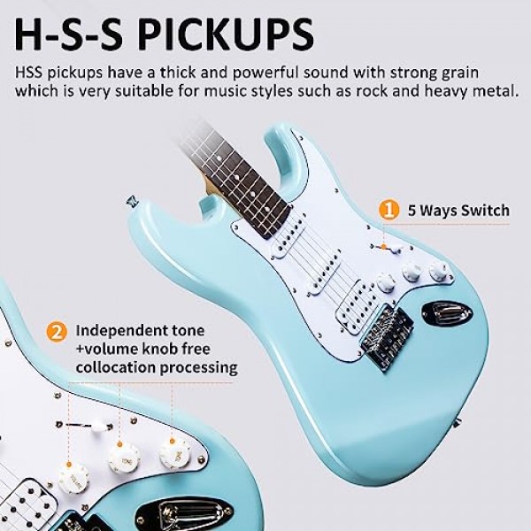앰프 초보자 키트가 포함된 AODSK 일렉트릭 기타 39인치 솔리드 바디 풀 사이즈,HSS 픽업,모든 액세서리,디지털 튜너,6현,4픽,트레몰로 바,스트랩,긱 백,스타터 키트 -블루