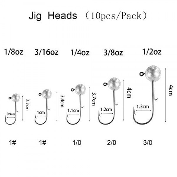 1/8온스 라운드 지그 헤드 3/16온스 1/4온스 3/8온스 1/2온스 낚시 지그 바닷물 민물 지그 후크 세트 배스 송어 낚시 액세서리용 지그 헤드 후크 베이스 낚시 미끼 키트 10