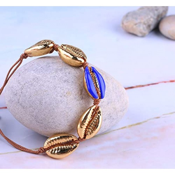 KELITCH 여성용 골드 쉘 Cowrie 비드 팔찌 우정 팔찌 비치 쉘 팔찌 조정 가능한 골드 팔찌