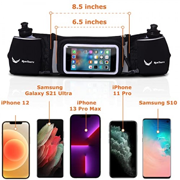 [1위로 선정된 수화 벨트] Runtasty Winners' Running Fuel Belt - 액세서리 포함: BPA 프리 물병 2개 및 러너 전자책 - 모든 iPhone에 적합 - 터치스크린 커버 포함 - 바운스 핏 없음 