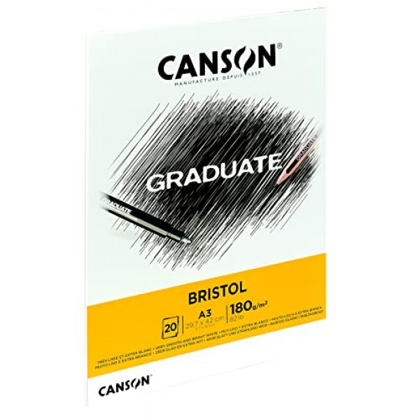 CANSON 대학원 브리스톨 180gsm A3 용지, 매우 매끄럽고 패드 접착 짧은 면, 밝은 흰색 시트 20장, 학생 예술가에게 적합