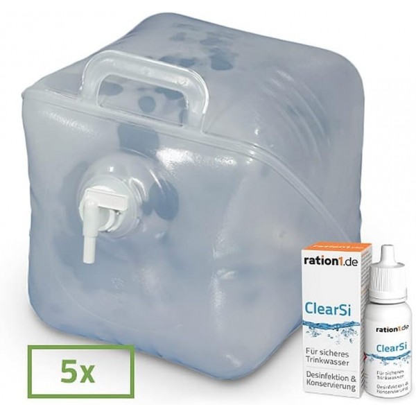 ration1 물 저장 패키지 100리터 - 물 보관, 소독 및 보존 - 비상 물 패키지 - BPA 프리, 접이식 물통 및 ration1 ClearSi
