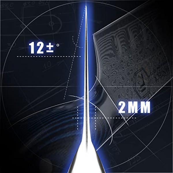 FANTECK 산토쿠 칼 5인치 다마스커스 일본 강철 주방 칼, VG10 67층 고탄소 풀 탱 프로 셰프 및 레스토랑용 최고의 요리사 산토쿠 칼, 블루 G10 손잡이, 선물 상자 및 칼집