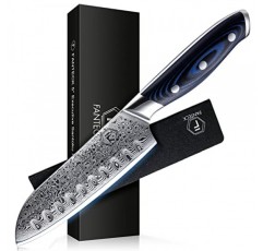 FANTECK 산토쿠 칼 5인치 다마스커스 일본 강철 주방 칼, VG10 67층 고탄소 풀 탱 프로 셰프 및 레스토랑용 최고의 요리사 산토쿠 칼, 블루 G10 손잡이, 선물 상자 및 칼집
