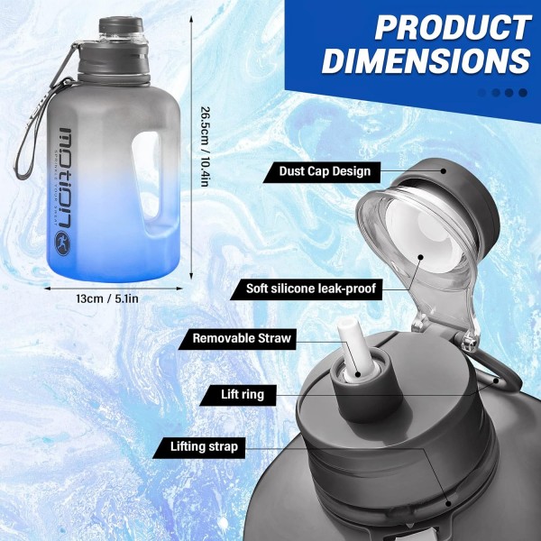 BelonLink 스포츠 물병, 1.6L 물병, 손잡이가 있는 대형 스포츠 물병, BPA 없음, 스포츠 및 야외 활동에 이상적, 가볍고 깨지지 않는 지속 가능, 피트니스용 물병(회색)