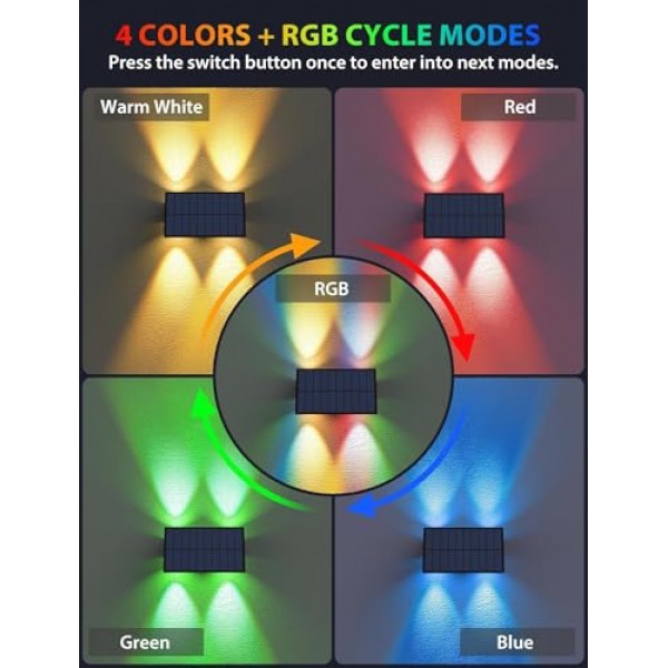 12팩 태양광 울타리 조명, 태양광 조명 실외 4LED 위아래 태양광 벽 조명, 방수 100(웜 화이트+RGB)