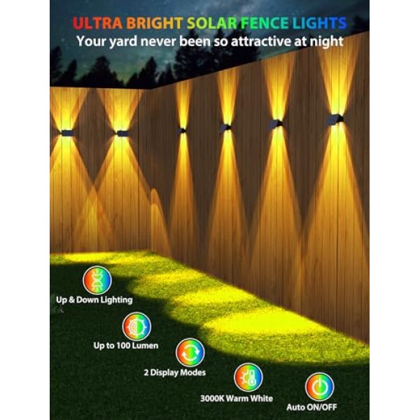 12팩 태양광 울타리 조명, 태양광 조명 실외 4LED 위아래 태양광 벽 조명, 방수 100(웜 화이트+RGB)