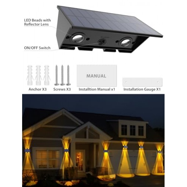 12팩 태양광 울타리 조명, 태양광 조명 실외 4LED 위아래 태양광 벽 조명, 방수 100(웜 화이트+RGB)