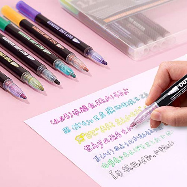 KINGMAS 12 색 개요 금속 마커 펜, 물결선 이중 라인 펜, 크리스마스 인사말 카드, 공예, 그림, DIY 스케치용 반짝이 드로잉 펜