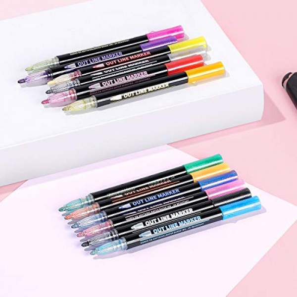 KINGMAS 12 색 개요 금속 마커 펜, 물결선 이중 라인 펜, 크리스마스 인사말 카드, 공예, 그림, DIY 스케치용 반짝이 드로잉 펜