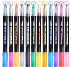 KINGMAS 12 색 개요 금속 마커 펜, 물결선 이중 라인 펜, 크리스마스 인사말 카드, 공예, 그림, DIY 스케치용 반짝이 드로잉 펜