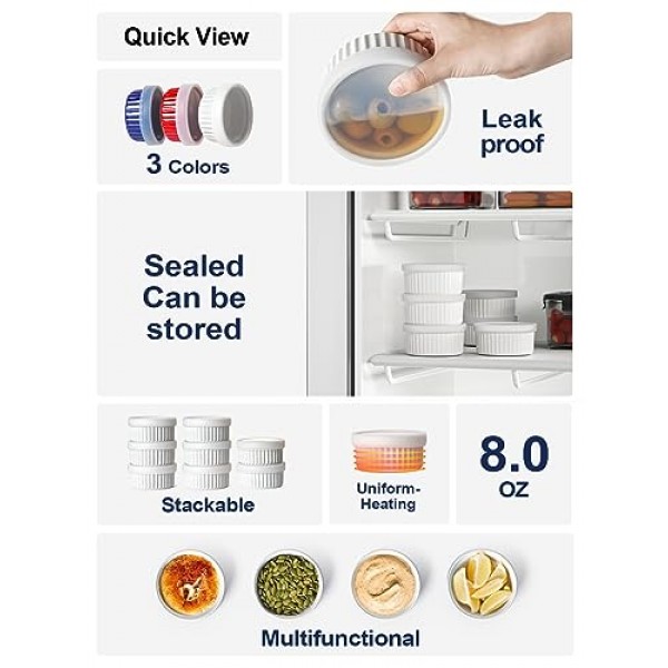 LE TAUCI 뚜껑 달린 라메킨, [2세대] 8온스 오븐 안전 크림 브륄레 라메킨 수플레 접시(덮개 포함), 베이킹, 푸딩, 딥용 쌓을 수 있는 세라믹 그릇, 커스터드, 아이스크림, 4