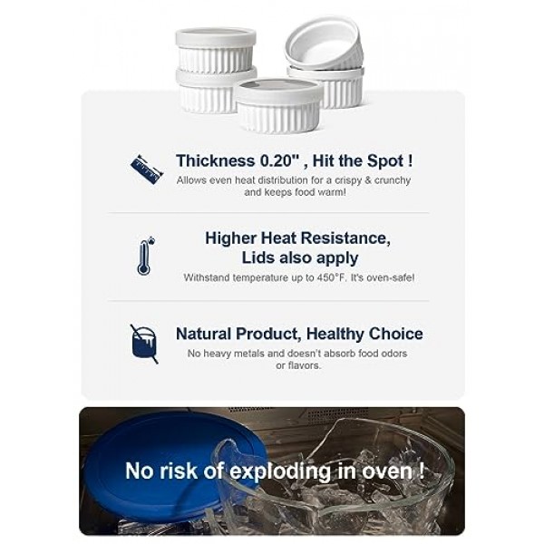 LE TAUCI 뚜껑 달린 라메킨, [2세대] 8온스 오븐 안전 크림 브륄레 라메킨 수플레 접시(덮개 포함), 베이킹, 푸딩, 딥용 쌓을 수 있는 세라믹 그릇, 커스터드, 아이스크림, 4