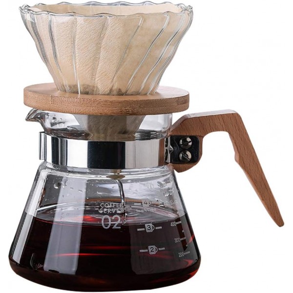 DUEBEL 나무 손잡이가 있는 커피 메이커, 20oz 높은 붕규산 유리 커피 포트, 핸드 드립 공유 포트 필터 깔때기 베이스가 있는 휴대용 커피 메이커 용품