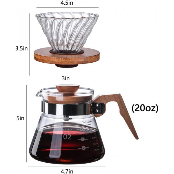 DUEBEL 나무 손잡이가 있는 커피 메이커, 20oz 높은 붕규산 유리 커피 포트, 핸드 드립 공유 포트 필터 깔때기 베이스가 있는 휴대용 커피 메이커 용품