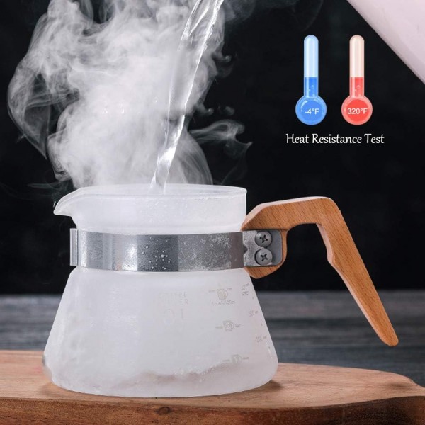 DUEBEL 나무 손잡이가 있는 커피 메이커, 20oz 높은 붕규산 유리 커피 포트, 핸드 드립 공유 포트 필터 깔때기 베이스가 있는 휴대용 커피 메이커 용품