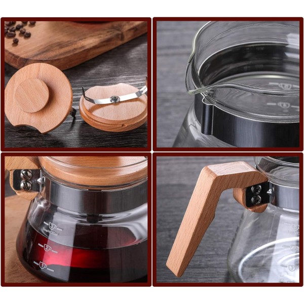 DUEBEL 나무 손잡이가 있는 커피 메이커, 20oz 높은 붕규산 유리 커피 포트, 핸드 드립 공유 포트 필터 깔때기 베이스가 있는 휴대용 커피 메이커 용품