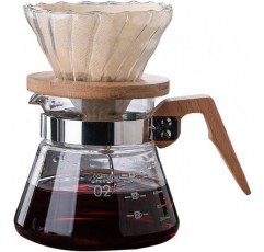 DUEBEL 나무 손잡이가 있는 커피 메이커, 20oz 높은 붕규산 유리 커피 포트, 핸드 드립 공유 포트 필터 깔때기 베이스가 있는 휴대용 커피 메이커 용품