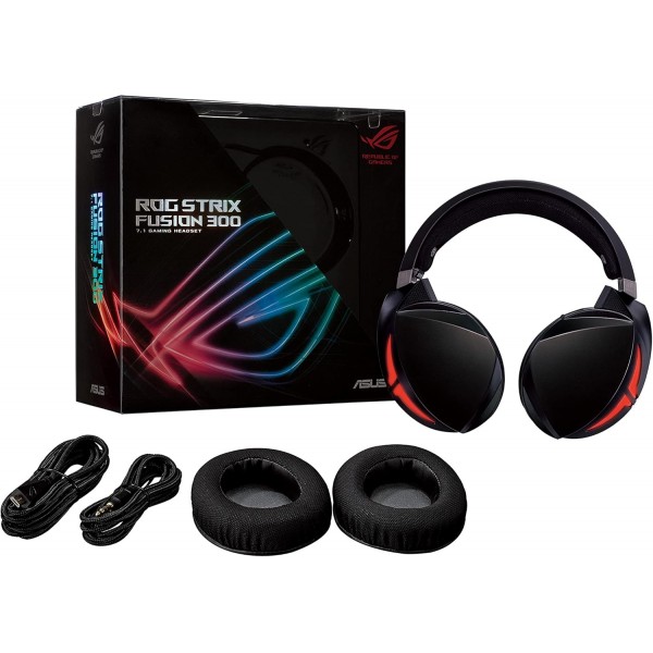ASUS ROG Strix Fusion 300 게임용 헤드셋, 가상 7.1 서라운드 사운드, 에센스 주변의 밀폐된 챔버 50mm 드라이버 Schwarz
