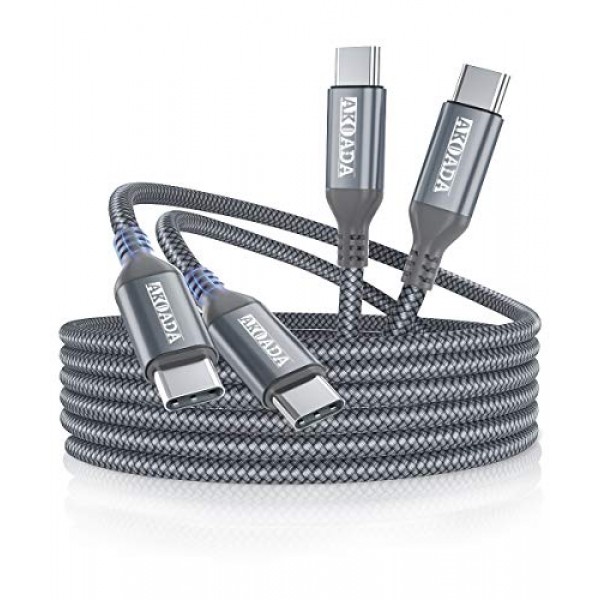 AkoaDa USB C - USB C 100W 케이블 10 FT 2Pack, iPhone 15/15 Pro/15 Plus/15 Pro Max, MacBook Pro2020, iPad Pro/Air 5/4, Samsung Galaxy S22/S23+/용 5A 고속 충전 USB C 충전기 케이블 S23 울트라,그레이