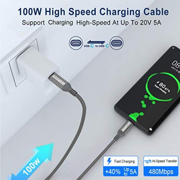 AkoaDa USB C - USB C 100W 케이블 10 FT 2Pack, iPhone 15/15 Pro/15 Plus/15 Pro Max, MacBook Pro2020, iPad Pro/Air 5/4, Samsung Galaxy S22/S23+/용 5A 고속 충전 USB C 충전기 케이블 S23 울트라,그레이