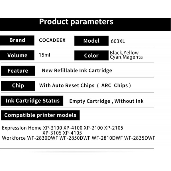 COCADEEX 603XL 승화 잉크 리필 키트 Ep Expression Home XP-2100 XP-2105 XP-3100 XP-4105 XP-4100 XP-3105 Workforce WF-2830 WF-2835 WF-2850 WF-2810 프린터