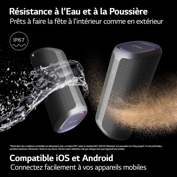 LG XBOOM Go XG7QBK 무선 스피커, Bluetooth, 40W, Sound Boost, 방수 IP67, 작동 시간 24시간, 가변 LED 표시등 색상, 넓은 연결성, 진회색