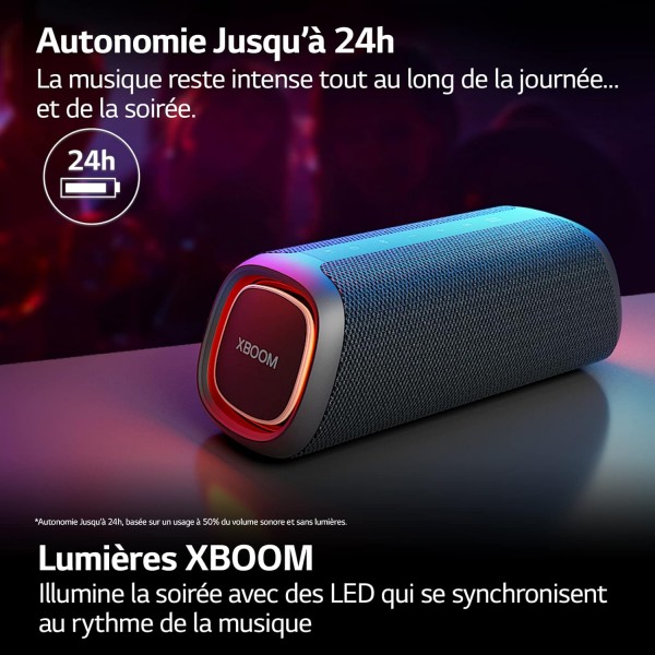 LG XBOOM Go XG7QBK 무선 스피커, Bluetooth, 40W, Sound Boost, 방수 IP67, 작동 시간 24시간, 가변 LED 표시등 색상, 넓은 연결성, 진회색