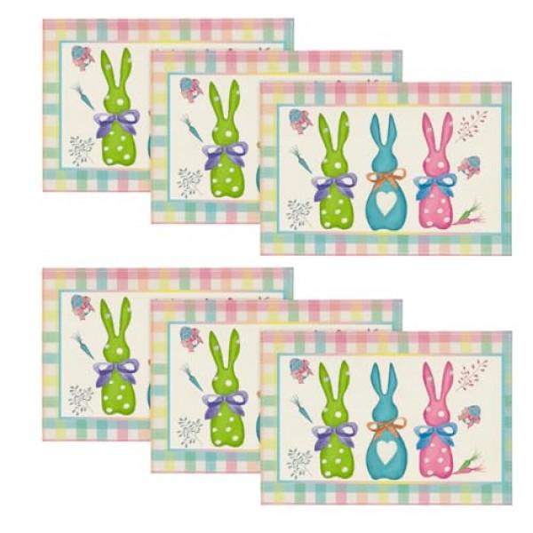 Artoid 모드 그린 블루 핑크 버팔로 격자 무늬 토끼 ​​행복한 부활절 Placemats 파티 주방 식사 장식을위한 6, 12x18 인치 스프링 테이블 매트 세트
