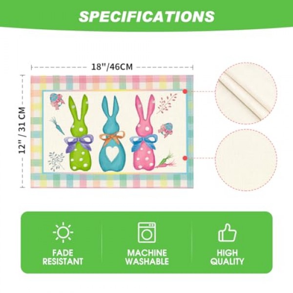 Artoid 모드 그린 블루 핑크 버팔로 격자 무늬 토끼 ​​행복한 부활절 Placemats 파티 주방 식사 장식을위한 6, 12x18 인치 스프링 테이블 매트 세트