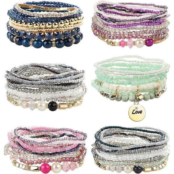 LOLIAS 6 Sets 보헤미안 Stackable Bead Bracelets 스트레치 Bracelet Coil Bracelet for Women Multilayered Bracelet Bangles Set Fashion Bead Jewellery