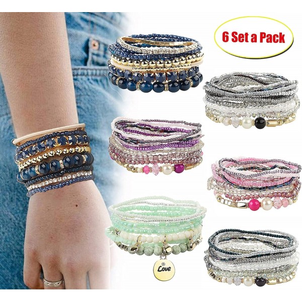 LOLIAS 6 Sets 보헤미안 Stackable Bead Bracelets 스트레치 Bracelet Coil Bracelet for Women Multilayered Bracelet Bangles Set Fashion Bead Jewellery