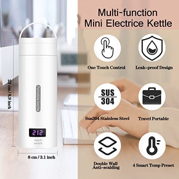 여행용 전기 주전자 소형 휴대용 전기 주전자, 4가지 가변 프리셋이 포함된 380ML 미니 차 주전자, 304 스테인레스 스틸 여행용 물 보일러, 자동 차단 및 끓임 건조 방지, 