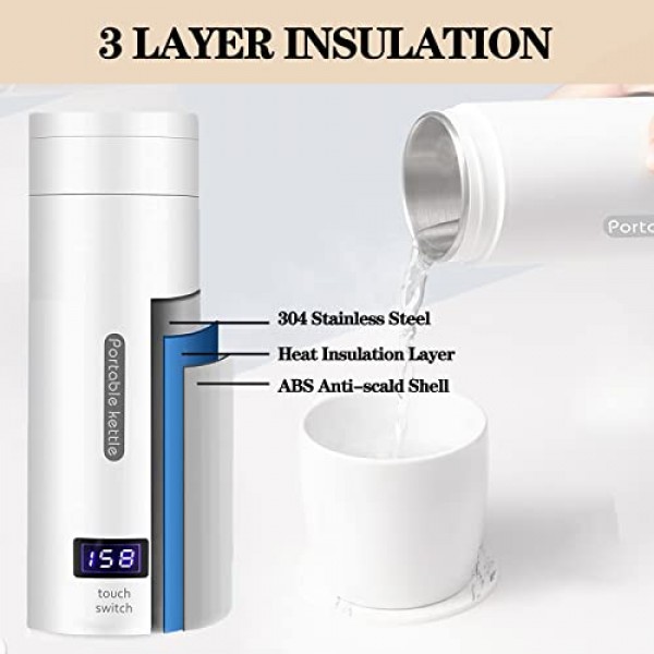여행용 전기 주전자 소형 휴대용 전기 주전자, 4가지 가변 프리셋이 포함된 380ML 미니 차 주전자, 304 스테인레스 스틸 여행용 물 보일러, 자동 차단 및 끓임 건조 방지, 