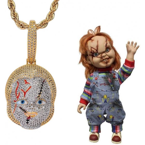 KMASAL 쥬얼리 힙합 끔찍한 Chucky 펜던트 Iced Out Chain 남성 여성을위한 18K 리얼 골드 도금 목걸이