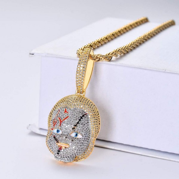 KMASAL 쥬얼리 힙합 끔찍한 Chucky 펜던트 Iced Out Chain 남성 여성을위한 18K 리얼 골드 도금 목걸이