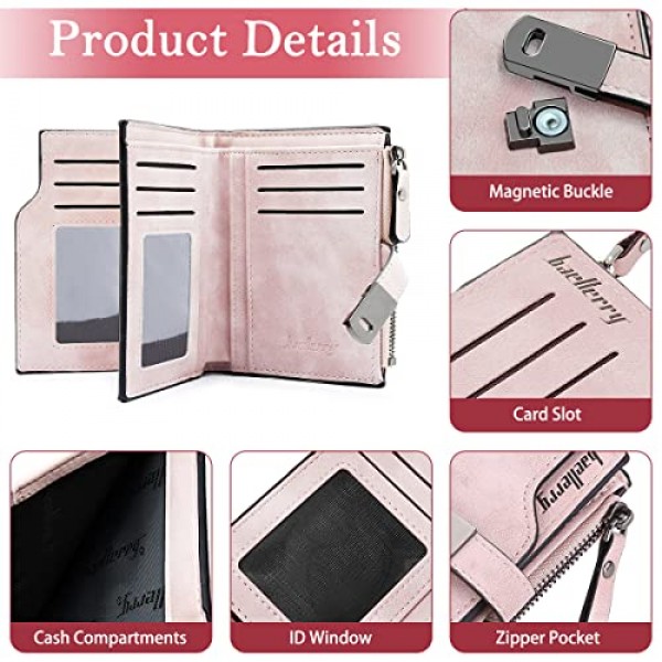 HNOOM 여성용 지갑, PU 가죽 지갑, 여성용 소형 및 짧은 형식 지갑, 여성용 많은 수납 공간, 16개의 카드 슬롯과 동전 수납 공간이 있는 미니 지갑, Pink-S, 미니멀리스트