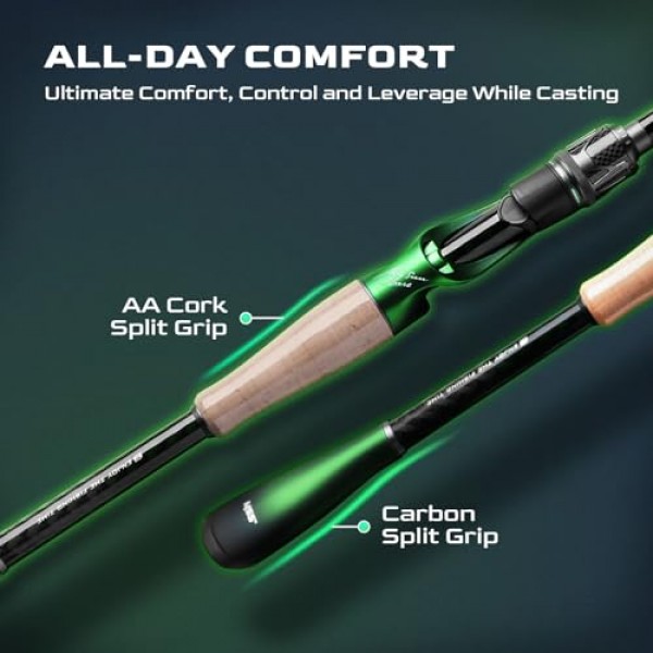 매직 소울 낚싯대, Fuji A-링 가이드, 2피스 BFS 스피닝 및 캐스팅 로드, Toray 30톤+36톤 탄소 섬유 블랭크, 코르크+탄소 분할 그립 핸들, 배스, 크래피, 월아이 등용