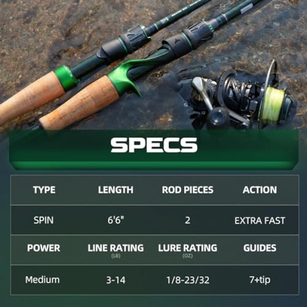 매직 소울 낚싯대, Fuji A-링 가이드, 2피스 BFS 스피닝 및 캐스팅 로드, Toray 30톤+36톤 탄소 섬유 블랭크, 코르크+탄소 분할 그립 핸들, 배스, 크래피, 월아이 등용