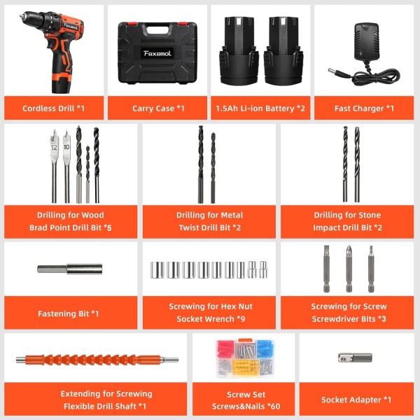Faxamol 무선 드릴 드라이버 12V, Combi 드릴 90PCS(배터리 2개 포함) 1.5Ah, 30Nm 최대 전기 스크루드라이버, 18+1 토크, 3/8