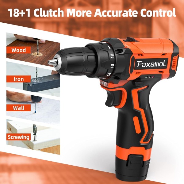 Faxamol 무선 드릴 드라이버 12V, Combi 드릴 90PCS(배터리 2개 포함) 1.5Ah, 30Nm 최대 전기 스크루드라이버, 18+1 토크, 3/8