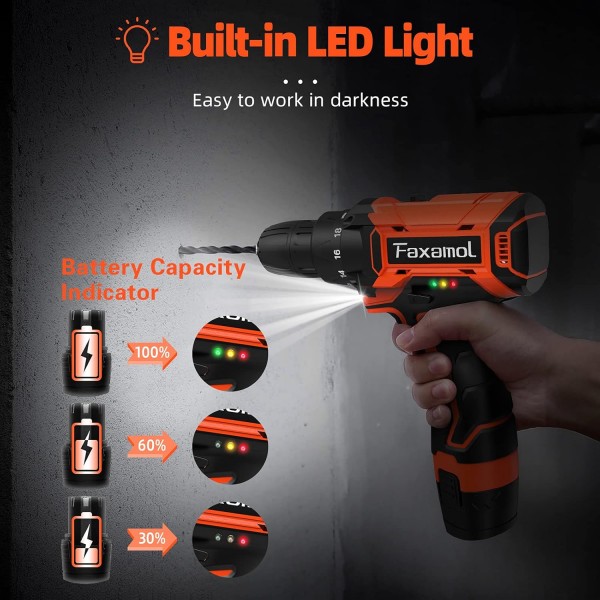 Faxamol 무선 드릴 드라이버 12V, Combi 드릴 90PCS(배터리 2개 포함) 1.5Ah, 30Nm 최대 전기 스크루드라이버, 18+1 토크, 3/8