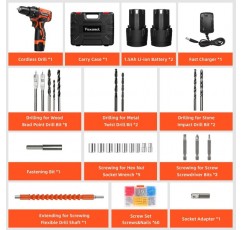 Faxamol 무선 드릴 드라이버 12V, Combi 드릴 90PCS(배터리 2개 포함) 1.5Ah, 30Nm 최대 전기 스크루드라이버, 18+1 토크, 3/8