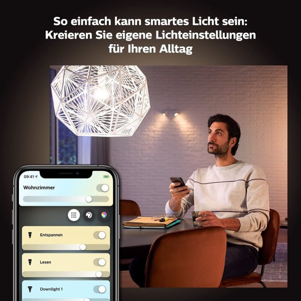 Philips Hue 디머 스위치 | Philips Hue 시스템용 액세서리 | 설치 없이 무선 디밍 + Philips Hue White Ambiance E14 LED 램프 더블 팩
